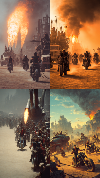 废土荒原上，蒸汽朋克太空飞船，排气管喷着雄雄烈火和浓烟，大群骑着朋克摩托、吉普车，穿着带刺皮盔甲的嬉皮士们，手拿铁链和狼牙棒在地面上密密麻麻的追逐着，远处是废墟城市。电影质感。