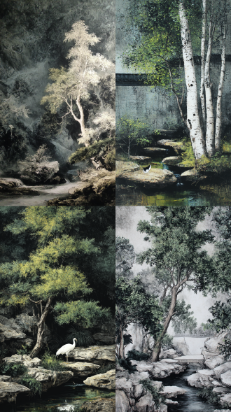 北宋时期风格油画白色黑色绿色彩旧版图高清，写实，抓拍，厚涂，画面无瑕疵，极繁主义，不对称构图。磨砂感、极具艺术感、震撼人心、视觉冲击力，突出立体感，极高色彩饱和度，暗部叠加，特写，超高清，oc渲染，cg厚涂，电影质感。白化猎豹，树，假山，小溪。