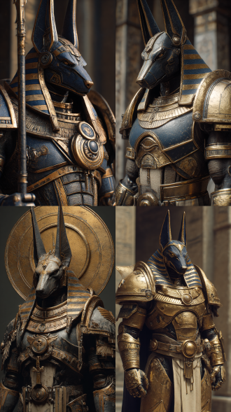 埃及死神阿努比斯，身穿法老风的战锤40k动力甲，史诗感，构图合理，高饱和色调，洒金，后现代主义加浪漫古风，构图合理，肌理质感。真实写真，虚幻5引擎。