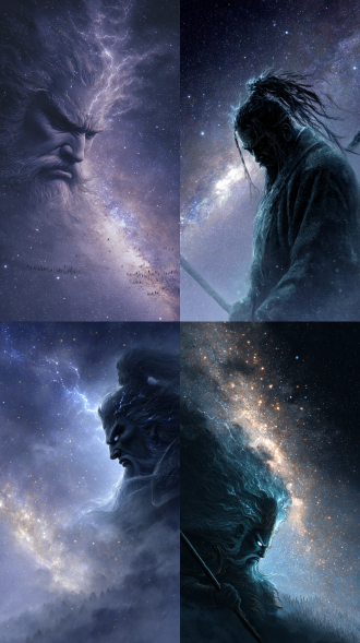 一张由乌云和雷霆闪电凝聚而成的天蓬元帅猪八戒，扛着九齿钉耙，五官、头发和云雾闪电融为一体，低下头，眼睛往下看，俯视着下面，背景是一篇星河璀璨，远处可见无数天兵天将，梦幻，震撼，电影镜头，超现实，大场景，大空间