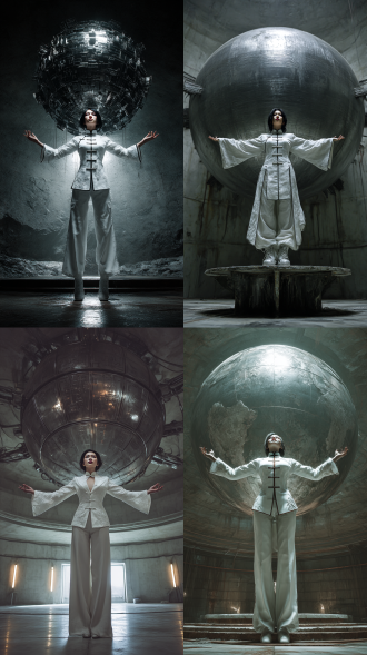 末世危机题材，生化危机世界观，华夏，昆仑山基地，地下实验中心，女反派头目娜扎，31岁，身高180，穿着白色高定版中山装，双臂展开，摊开手掌，一个巨大的金属圆球体在头顶凝聚成形