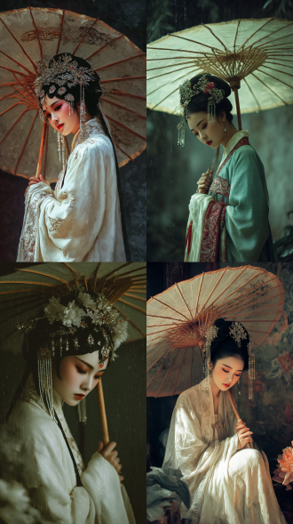 油纸伞，美女，古风，白娘子肩上扛着油纸伞 古典、优雅且富有诗意，女性，精美戏服、华丽头饰。传统戏曲艺术，精致与典雅。增添了一份温婉与才情。静谧而富有韵味的氛围，观者仿佛能感受到传统戏曲艺术的深厚底蕴和独特魅力。油画写实风格暗黑