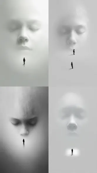 没有任何字迹的海报。这张海报采用了极简主义的视觉风格,大面积的灰度调调营造出一种静谧、空灵的感觉。画面中央是一张特写的没有性别特征没有人种特征的儿童人物抽象脸部特写,眼睛半闭,表情沉静安详,营造出一种内心宁静的氛围。画面中央人物的身形被夸张放大,占据了大部分画面,给人一种压迫感和沉重感。同时,小小的人物身影置于画面的边缘,显得渺小而孤独。给人一种意想不到的视觉冲击。整体来看,这张海报融合了极简主义的视觉风格和个人内心情感的表达,营造出一种独特的艺术感受。杰作，获奖作品，极致构图，电影光线，极致像素，高清出图，32k，hdr。