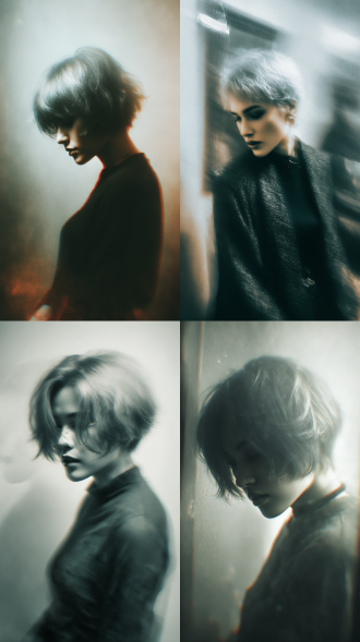 幻想风格，暗朦调，隐约的淡彩褪色，泛朦，对焦模糊，特写，一个渐变短发赛博朋克美女生模糊半身人像，凌乱美，高颜值，复古，迷离，低饱和，反射，质感，泛光模糊晕染，高噪点，胶片颗粒质感，极简风，灰度美学，写意，前卫视觉艺术美学，高级感，杰作，伦布朗光为基础，窥探视角，镜面反射，遮蔽构图，抽帧，近景，王家卫色调，全局朦胧模糊，隐隐约约的模糊人像，头发凌乱而突出，抽象，狂乱，失控，动态模糊，运动失焦，双重曝光