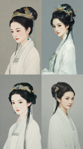 这张图片描绘了一位身穿 传统服饰的女性。她穿着 一件白色的长袍，袍子轻 盈飘逸，显得非常优雅。 她的头发梳成了古代的发型 ，并装饰有精美的发饰， 发饰上有蓝色的宝石和金色 的装饰，显得非常华丽。 她的耳朵上戴着一对精致 的耳环，耳环上也有蓝色 的宝石。背景是简单的灰色 ，突显了人物的美丽和服饰 的精致。整体画面给人一种 古典、优雅的感觉。中国工笔画风格，柔和典雅。
