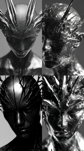 纯黑白发人物，正面面部特写，面部全部被遮挡，质感，液态流体金属，反光，反射，利落简洁，暗黑风格，极具危险性，特异美学，抽象意识流，神圣感，尖锐设计，金属银色质感，整体饰品的细节是由羽翼和枝蔓延伸变异元素，隐性抽象，cg质感，光线追踪，oc渲染，精细描绘每一个结构细节，有设计感，纹理精细清晰，无限细节，光暗对比，独特造型，大师设计，设计构成，特异，夸张，红色渐变背景，，明暗对比强烈，液态金属光泽，高光反射，镀铬金属质感，画面铺满高光点