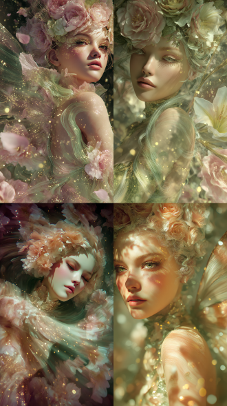 花之精灵悬浮空中呈漂浮姿态，面容绝美，虚幻的身躯由旋转的花瓣构成，浅粉与翠绿光晕交织出流动的植物脉络，动态模糊处理的花瓣轨迹环绕周身飘散，高清特写展现由玫瑰与铃兰镶嵌的眼部轮廓，露珠质感的肌肤透出淡金色光斑，浅景深虚化背景中可见绽放的立体花卉投影，逆光勾勒出花瓣织就的透明羽翼，柔光滤镜渲染出花粉弥漫的奇幻氛围