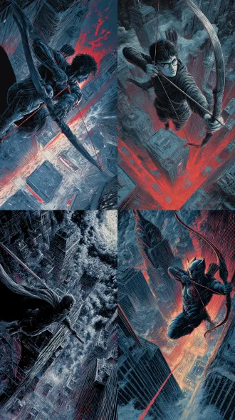 空山基插画风格，插画大师，写实，抓拍，厚涂，画面无瑕疵，极繁主义，不对称构图。磨砂感、极具艺术感、震撼人心、视觉冲击力，突出立体感，电影海报，黑暗风格，蓝红白银，诡异，玄幻，超高清。变形金刚擎天柱拉弓箭风驰电掣轟向镜头，悬浮飞行，四周高楼大厦，乌云密布夕阳，航拍。