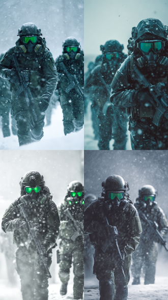 全副武装特种士兵在暴风雪战场作战的场景。士兵配备了战术头盔和防毒面具，墨绿反光目镜，身着皮革作战服，手持枪械，战靴，垂眸前行，画面氛围紧张，充满战争的压迫感，大面积四周留白，远景，现场感，情绪氛围感，多重曝光，胶片粗颗粒感，斜镜头，动态模糊，强透视，视觉冲击力，情绪氛围感，动态光影捕捉，前卫艺术美学，细节丰富，高级感，杰作。