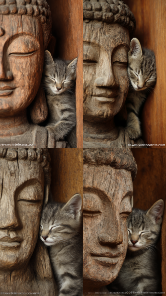 一幅治愈系特写画面，左侧是古朴沧桑的木雕佛像头部，木质纹理粗糙且布满岁月痕迹，佛像双目轻阖，神态宁静庄严；右侧挤在木雕缝隙里依偎着一只灰褐虎斑小猫，它双眼紧闭，正酣然熟睡，柔软的毛发呈深浅相间的条纹状，鼻头与纤细胡须清晰可见，亲昵地挨着佛像，姿态温顺又安然。背景是暖棕色木质结构，整体色调温暖柔和，传统佛像的庄严与萌宠小猫的可爱形成奇妙碰撞，传递出“禅意与治愈共生”的宁静氛围，木雕的粗糙质感与小猫的柔软毛发在视觉和触觉感知上形成鲜明对比，细节满满且极具画面张力。