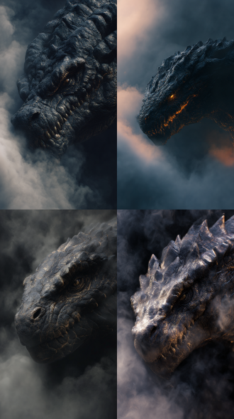 来自黑暗世界，着黑色熔岩蛇头巨龙，全身笼罩着黑色烟雾，巨大，霸气，压迫感强，有怪物的样子还标记了习性，弱点，人类大小对比，等，写实，描金，色彩缤纷，虚幻5效果，