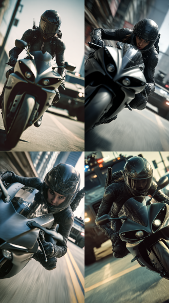 电影级超广角特写镜头，采用极致的低角度贴地视角，产生强烈的透视变形。女超人与其驾驶的哑光黑雅马哈yzf-r1摩托车作为绝对主体，几乎充满整个画面。摩托车正以一个近乎贴地的极限角度过弯，车身与地面的夹角极小，展现出完美的重心控制和惊人的危险性。她的肩膀擦地滑行，轮胎边缘因巨大压力而轻微变形，每一处机械细节都在8k超高清画质下被极度放大，充满力量感。 人物特写被极致突出：女超人全身紧贴车身，合身的黑色皮质战术服完美勾勒出她强健的肌肉线条。哑光黑头盔面罩反射着身后模糊而充满威胁的都市光影与追逐车辆的倒影。她整个身体与摩托车融为一体，呈现出一种人车合一的战斗姿态，背部紧缚的步枪背包纹丝不动，彰显其超强的核心控制力。 在极度虚化的背景中，一辆改装knight xv装甲车的巨大车头利用广角透视被扭曲放大，如同一个无法摆脱的庞然巨影，紧追不舍，强化了画面的极致压迫感和速度感。慢动作捕捉的火星从膝盖滑块与地面摩擦处溅起，与远处爆炸的火光共同构成了一幅动态炸裂、细节震撼的史诗级追车画面，完美呈现好莱坞顶级大片的紧张、刺激与宏伟壮观。