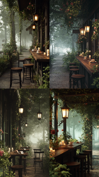咖啡屋街边平台，吧台桌椅，绿植鲜花，香薰蜡烛，户外是树林小道，一侧是老旧的咖啡屋。桌面山热咖啡，小蛋糕，悬挂着一盏亮起的古朴灯笼。上方有垂下的绿色藤蔓和蔷薇花，光线柔和，远处薄雾，营造出朦胧氛围。整体氛围静谧、怀旧，绿野仙踪的感觉，电影胶片质感超高清拍摄