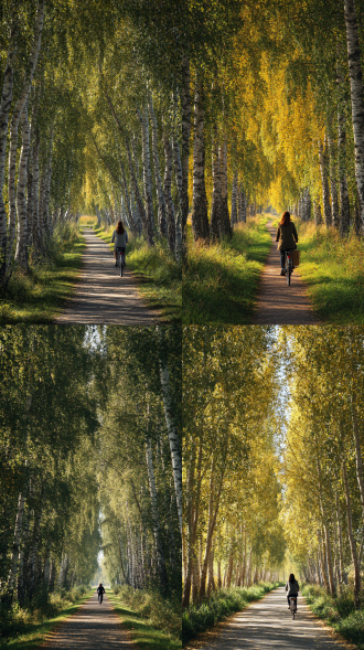 秋天，有个女孩在小道上骑自行车，在郁郁葱葱的林荫道上，两侧是一排排密植的白桦树，阳光透过茂密的树叶洒下斑驳的光影，蜿蜒起伏地延伸至地平线，展现出一种自然而宁静的美景。