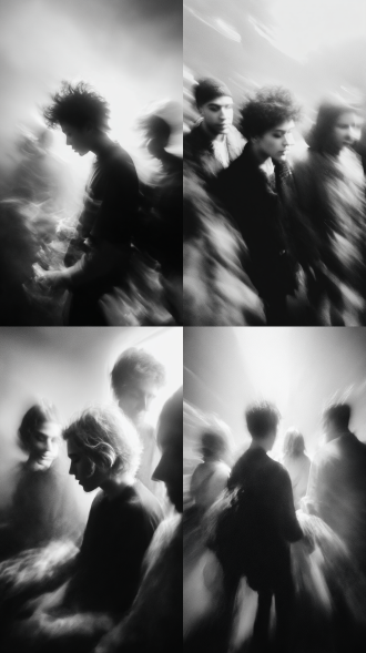 模糊，全局朦胧模糊，隐隐约约的模糊人像，头发凌乱而突出，抽象，狂乱，失控，动态模糊，边沿模糊，黑白，灰调，暗黑，暗光，多重曝光，失焦，超广角，强透视，景深，高噪点，强烈的胶片颗粒感，动态美学，弥散晕染，朦胧美学，夸张构图，超现实，细节生动完美，杰作