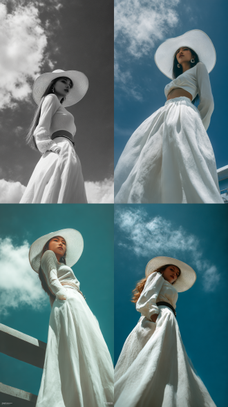 冲突视觉，非对称，pov视角，低位仰拍，晴天，正午，高空两小朵动态白云和强日光，情绪写意，对焦主体，抓拍前卫曼妙的女生全身人像（正侧面）及场景，时兴长秀发散开泛起飞扬（无帽），白色复古宽松潮长裙及配饰，头上强逆光，白色复古透明宽沿遮阳帽，完美身姿，黑白淡彩，虚实，渐变，过曝，泛朦，光斑，名场面，既视感，意境融合，噪点，胶片颗粒质感，层次光影美学，高级灰，夸张酷镜头，动态美学，情景写意，极简，情景氛围感人像，梦核美学，超现实，高级感，大师杰作