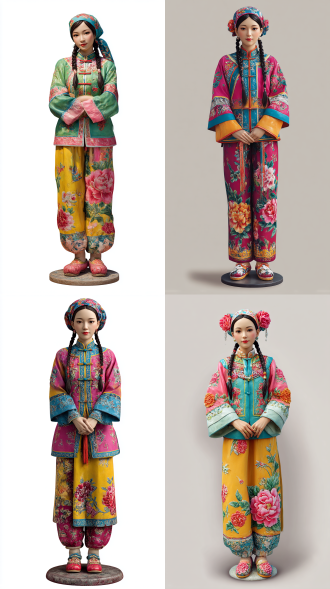 真人手办，高品质写实风格手办。 特征：中国美少女，穿着唐装绣花加彩色丝线上衣，花裤子，花鞋，单麻花辫，头巾，全身镜头，姿态挺拔自然，圆盘底座。