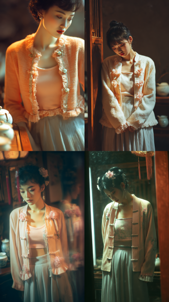 场景写真，非对称个性，情绪写意，暗夜朦光，模糊不清，特写，对焦模糊，抓拍前卫曼妙模糊的人影及场景，时兴潮秀发，奢慵潮穿搭及配饰，女子 生成一幅呈现新中式茶服风、柔暖质感穿搭风格的人像画面，场景为木质调茶空间（暖光柔和，茶具雅致，氛围宁静温婉）。一位女子身着浅杏色中式改良短外披（饰有花朵纽扣与荷叶边），内搭同色系吊带，搭配浅灰调长裙，整体风格雅致、温婉且充满东方茶韵的细腻质感，突出服饰的柔润剪裁与茶空间的禅意融合感。 妩媚，俏皮，微醺，高颜值，模糊，重叠，情景氛围感，暗朦，泛朦，晃朦，迷离，抽象，伦勃朗光，完美配色，高反差，，强透视，粒子高噪点，胶片颗粒质感，分层模糊晕染，斑驳光影弥散，独特视角，大面积负空间空白，极简，弱印象风，视觉张力，氛围感人像，情景叙事，前卫视觉艺术，大片美学，大师杰作，局部创意英文信息点缀 。