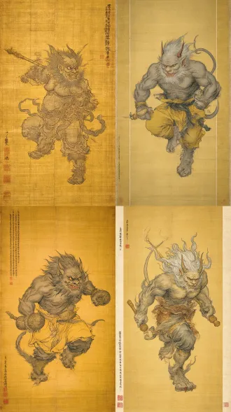 一幅中国传统神怪题材绘画，中国神话里的麒麟将军，其外貌奇特，毛发冲冠、面目狰狞，手持一对金瓜大锤，姿态有动感，呈现出威慑力，用传统工笔线条勾勒，线条细腻，能体现出肌肉、毛发等质感；设色古朴，以皮肤的灰、衣物的黄褐为主，有古画的韵味，泛黄的绢布为背景，突出主体，是中国古代神怪画常见的简约背景处理方式，类似《搜山图》《西游记》相关神怪插画的风格脉络 。