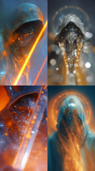 宇宙七级文明，机械硅基生命体，非对称，场景写真，冲突视觉，情绪写意，空气感，橙蓝黄融合褪色渐变的晃眼余晖微光，对焦主体，抓拍曼妙模糊的机械大祭司神秘金属面具及场景，兜帽斗篷、光辉权杖特写，神秘符文，重叠，暗朦，过曝，反射，折射，失焦，迷离，梦核，低饱和，高噪点，胶片粗颗粒质感，动态美学，海岸线与悬崖峭壁，朦光，逆光勾勒，光影模糊，高级灰，叙事感，绝妙构图，远处天空星舰，宇宙七级文明，未来前卫艺术，暗黑，科幻类大片美学，局部模糊英文极简信息解析点缀。