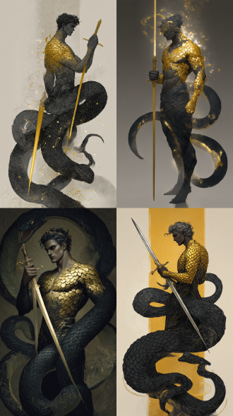 蛇人王是个容貌绝美的男人，手拿长剑，上身是金色细鳞片，和下身黑色慢慢过度，它的尾巴是黑色的，鳞片发着淡淡幽光，立体，故事性，插画。