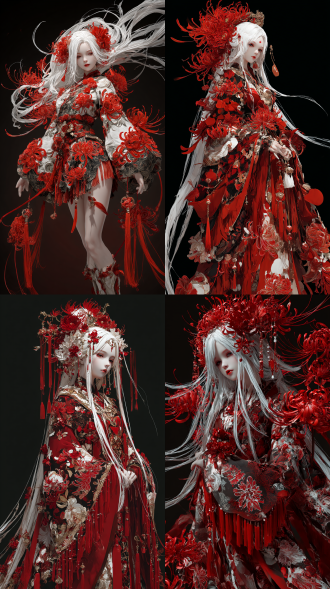女子立绘，巨复杂！！！几乎全身被红黑扶桑花纹覆盖，流苏，花，巨华丽，多装饰，古风衣，白色长头发，发丝分离飞扬凌乱 纯中国动漫风格，3d引擎，oc渲染，cg半厚涂，主要红白色渐变全身，小物！！全身镜头。图片风格为暗黑。