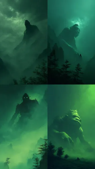 呈现出带有神秘色彩的表现主义风格，一只体型巨大如同清朝僵尸、身高达到100米的生物伏在地上，在那片茫茫的绿雾里。随着天色逐渐黯淡，整个场景笼罩在一种压抑且神秘的氛围之中，画面的色调以绿色和暗色调为主，光影效果上，绿雾中隐约透出一些昏暗的光线，打在庞然大物的身上，使其轮廓更加分明，前景矮小的树木。