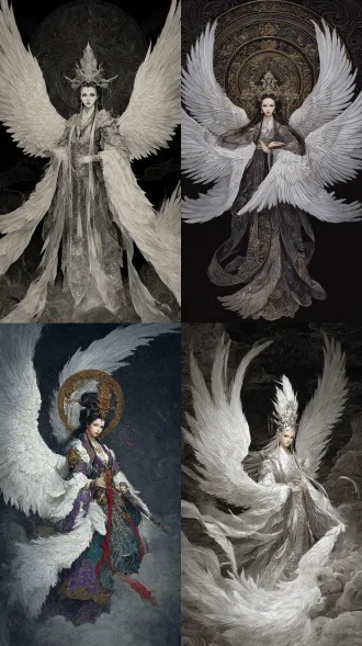 神明世界，凤神，女性，身后带有装饰丰富的风羽神环，背上长出巨大的白色羽翼，身着凤羽凤尾神装，超高清画质分辨率。水墨风格，东方玄幻，暗色调，九天之上，丙烯厚涂，立体感，颜料堆叠，肌理感