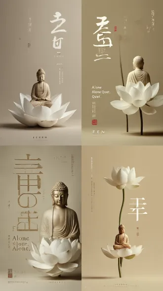 主题描述：竖版三分法构图，白色莲花盛开在画面底部，金色镂空佛祖像静坐花心，流线型"禅"字主体由细线分割的写意字体构成，篆书印文"孤独、自由、清醒、安静.."随形文字旁，字体竖笔延伸至画面四分之三处。美学词：哑光宣纸纹理背景，低饱和度米白色基调，45度侧光塑造金属质感，极简纯色负空间。专业词：文化古韵字体标志设计，扁平化矢量风格，文字占比严格遵循三分法，佛祖与文字保留80%负空间，莲花造型与镂空佛像形成形态呼应，杜绝任何平面几何图形出现。