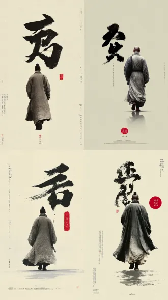 书法字“無為”位于中心三分之一处，笔意挥洒自如，具写意枯笔，一个灰色道袍的老者（背影）向远方走去。人物在偏下五分之一处，大面积留白，突出极简与极致构图，禅意，空灵，红色中国传统闲章“無為”