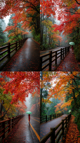 木制栏杆道路两旁的枫树（红黄绿），在中雨中轻轻摇曳。茂密的枫叶层层叠叠，将森林装点得充满生机。火红色的枫叶缓缓飘落在地面，与湿漉漉的地面相映成趣。朦胧的氛围为这个场景增添了几分神秘，营造出宁静清新的意境。一名美丽旗袍女子（背影），撑着淡绿描画纸伞，走在路上，宁静，唯美