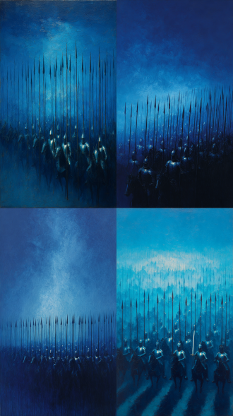 呈现出带有神秘色彩的表现主义风格，一支严阵以待，队形整齐，甲胄鲜明的重装骑兵，列阵在那片茫茫的蓝色雾里，高高竖起的长枪形成整齐的枪阵。随着天色逐渐黯淡，整个场景笼罩在一种压抑且神秘的氛围之中，画面的色调以蓝色和暗色调为主，光影效果上，栏蓝雾中隐约透出一些昏暗的光线，打在庞大的军阵上，使其轮廓更加分明