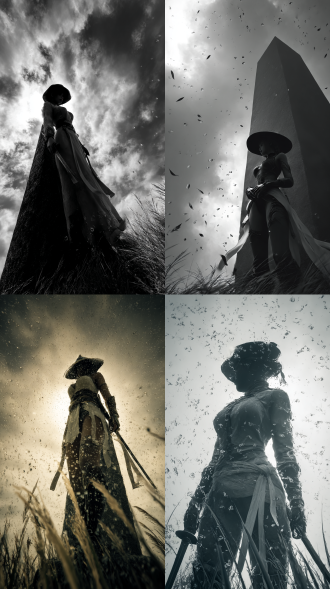 暴风前肃杀时刻广角史诗：五官精致，高挑古风女性刺客斗笠边缘切割乌云，逆光将身形熔铸成玄武岩碑影。十级风雨，溅起水花，镜头雨水，压使长草伏地如臣服墨浪，腰间无数飘带随风飘动，白衣劲装绑带抽打空气爆出残响。全身剪影——手摸腰间绑着剑鞘，草叶碎屑在靴底。8k级草茎纤维刺破暗幕，死亡诗意在广角畸变中蔓延至地平线，意境美