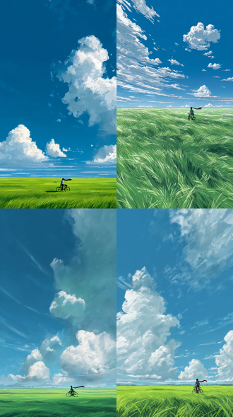 满屏的一大片草地（草被风吹动，翠绿的颜色），三朵大小不一的云低空飘在草地上（小朵的云，连片的云，分别在近处和远处），投射出阴影，一个很小的身影在草地上骑着自行车，风吹起围巾。治愈系风格，绿色清新颜色，广角拍摄，宏大场景。