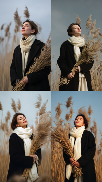 初冬，一个超级漂亮的30多岁的姑娘，背后以芦苇做背景，一只手抱着芦苇束，仰着脸，微闭着双眼，穿着黑色的大衣，脖子上围着白色的围巾，32k分辨率。一张现代的极简风格的桌子在美女前面。