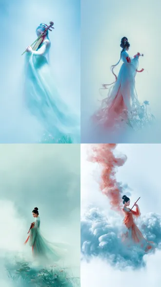 真实写真，纯白纸张上大面积淡蓝与纯白渐变晕染，朦胧雾气中一名身着渐变浅镉红色长裙的古装女子手拿琵琶舞姿婀娜，画面下方绿草小花，流体状雾气自然过渡形成画面层次，融合现代极简美学，整体色调淡雅柔和，通过色彩晕染与雾气流动营造空灵写意的东方意境。特写美女动作。
