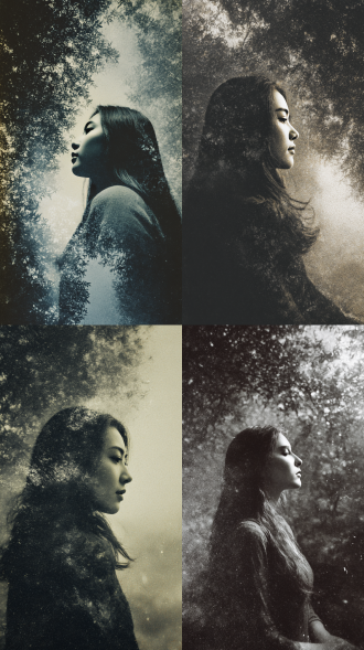 以色彩释放情绪，营造逃离凝视的疏离感。颗粒感强化记忆褪色般的诗意，银黑雪白配色，未完成故事，不可控褪色，模糊记忆质感，孤独疏离氛围，彩铅质感，过期胶片质感，侧身美颜长发女人背影，占满画面枝繁叶茂的树冠，鲁迅诗意，黄金时刻的光影，情绪表达，叙事风格摄影，非常规独特构图，获奖作品