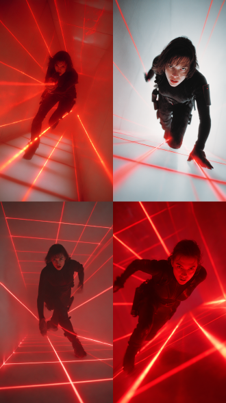 dynamic action scene, young alice (milla jovovich) in black tactical gear, acrobatically dodging a grid of deadly crimson laser beams in a narrow, sterile white corridor, dutch angle, slow-motion capture of movement, the only light sources are the intense red lasers cutting through the darkness, high contrast, sleek and futuristic aesthetic, sense of imminent danger.