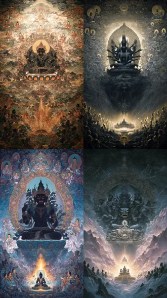 魔化观音菩萨，暗黑风，上方五方佛陀，心密之境，玄幻界，护法无数，广阔无垠的佛土，高清画境