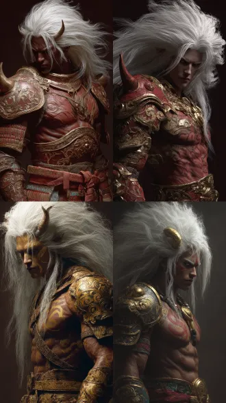 真人写实风格，真人感，真人，修罗武神，修罗一般的面容，长长的白发无风自动，发丝凌乱，暗号红金色皮肤，肌肉纹理样式的战甲，手肘一根尖锐角突起，充满张力，傲然伫立，打造一张奇幻神秘的图片。皮甲，鲜艳色彩，酷帅、神秘氛围，超高质量，超精细，真人写实风格。