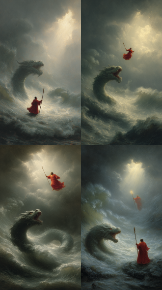 奇幻与紧张氛围的场景。画面中，汹涌的海浪翻涌，一条身形巨大、长相可怖的海怪在海浪中扭曲着身体，它的头部狰狞，张开大口，似乎在咆哮。在海面上空，一位身披红色长袍的人物悬浮着，手中拿着一根权杖，周身散发着光芒，仿佛在与海怪对峙，天空中乌云密布，光线从云层中穿透而下，整体营造出神秘、紧张且充满戏剧性的氛围。油画写实风格暗黑伦勃朗