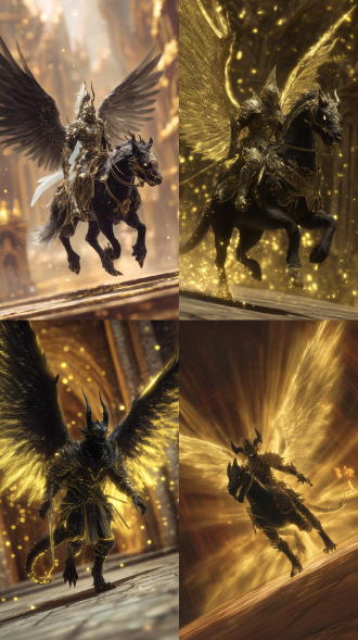 鬼王级强者，黑龙坐骑，羽毛翅膀，轻甲，散发黑光，地狱城堡场景前行。保卫工作金光闪闪！