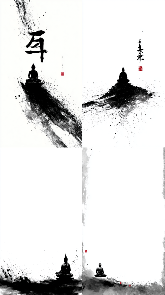 在极简风格的大写意画面中，以象牙白为背景且大面积留白，仅有简单几笔勾勒出的极小佛陀形象。画面整体呈现出禅意，在这简洁的画面上，意外地有一笔墨水泼洒其上，增添别样韵味