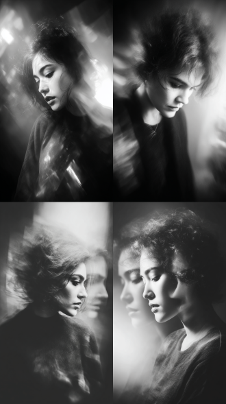 暗黑风格抽象美女人像，全局朦胧模糊效果，头发凌乱突出，黑白灰调暗光环境，多重曝光与失焦叠加，超广角强透视构图，动态模糊边缘虚化，强烈胶片颗粒与高噪点质感，弥散晕染的暗部层次，夸张扭曲的人物轮廓，超现实景深控制，细节生动完美，8k杰作级暗调摄影 丁达尔光