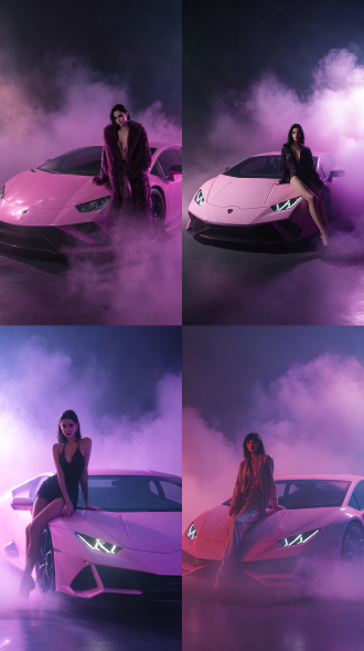 背景黑暗超现实风格，时尚装束，好身材，随机女性人物，动作自然的靠在粉色兰博基尼跑车上，姿势帅气，人物周围有淡紫色烟雾缭绕，黑色地板，人物看向镜头。