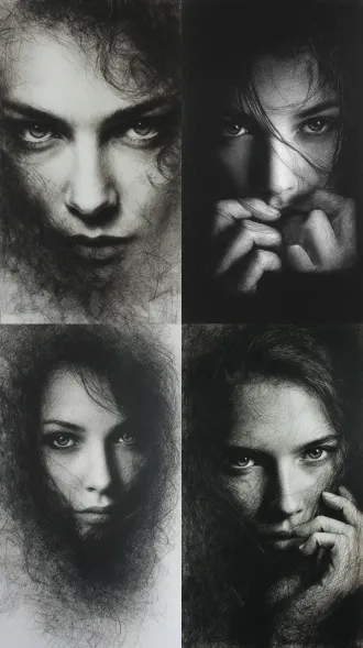 炭笔画，暗黑风格抽象美女人像，极细的线条勾勒发丝，炭笔勾勒面部，手指均匀擦拭使明暗过渡细腻自然，强化光影效果，眼睛黑亮，睫毛浓密，精准刻画出高光使眼神更加犀利，眼睛细节丰富摄人心魂，头发融入背景以突出面部，面部伦勃朗光使五官光影更具立体感，腾起炭灰迷雾增加神秘感，全局朦胧模糊效果，头发凌乱突出，黑白灰调暗光环境，多重曝光与失焦叠加，超广角强透视构图，动态模糊边缘虚化，强烈胶片颗粒与高噪点质感，弥散晕染的暗部层次，夸张扭曲的人物轮廓，超现实景深控制，细节生动完美，8k杰作级暗调摄影，大师构图，极具视觉感染力