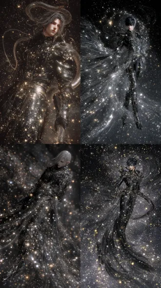 星空无垠宛如薄纱包裹的星君穿着星辰材质的华丽奢华富贵黑色战衣，如梦如幻星星点点，星君荷尔蒙。虚幻星君神灵和星辰构成的虚日蛇神兽走在星辰威武霸气神威赫赫，虚日蛇空灵灵动，星空构成，行星，身体星空，虚空，与天地万物融为一色充满死亡气息。祂是星神，透出星空，与星空融为一体，边缘模糊，脸部清晰，有粒子质感通透，自由的形态，星光璀璨，透出星空，全身是星空色，星空点点，无限拉长深陷伸展，毛发飘飘洒洒，拖拉蜿蜒炫舞，大气磅礴，不可想象，形成蜿蜒万里的星河，流动的感觉，形成高耸入云，从天而降。超现实主义超高清超虚幻，丝丝缕缕纠缠牵扯，无影无形，光芒万丈，超高清，大片既视感，清晰细腻传神真实，不可能变成可能，
