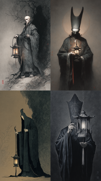 新中式黑暗怪谈，古典聊斋传说故事，华夏工笔美学。无面圣者，诡异暗黑系，力量，手持不灭灯，虚影，极繁主义。