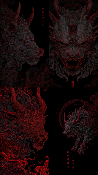 神兽（獬豸、线条繁复）头像，纯黑背景，国风奇幻流派，线稿插画风格，黑红冷色调，中景正构图，细节繁复（线条肌理、神兽纹饰），高清质感，氛围国风神秘，原创国风线稿设计