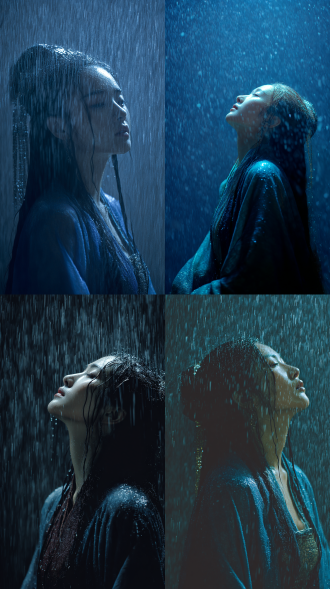立体感，视觉冲击力，暴雨倾斜而下，画面满屏的水幕，隐约可见水幕后三国貂蝉的脸，毛发皮肤湿润反光，仰天长叹, 深蓝布衫。光影渲染，丰富层次感，细腻画质，真实，情绪氛围感，电影质感，获奖作品，黑褐滤镜。